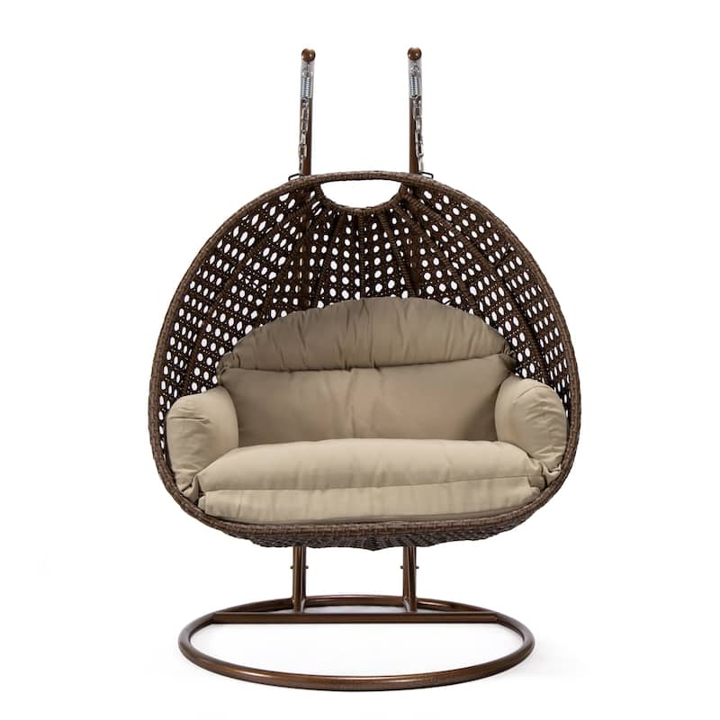 LeisureMod Mendoza Dark Brown 2 Seater Wicker Patio Hanging Double Swing Chair for Patio Porch Backyard Garden - 53"
