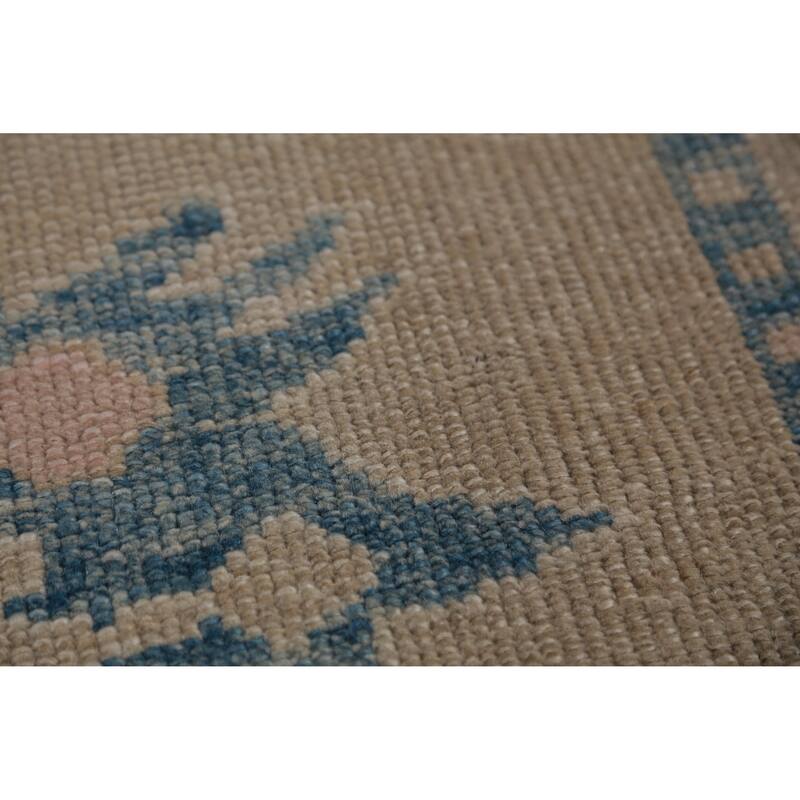 Hand Knotted Oriental 100% Wool Carpet Transitional Geometric Beige & Ivories Oushak Runner Rug - 14' 2'' X 3' 4''