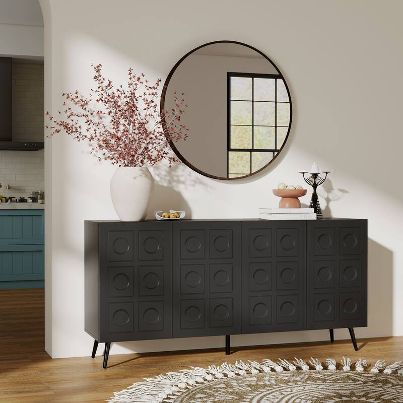 Storage Cabinet Buffet Sideboard with 4 Fluted Doors, Wood Accent Entryway Table with Adjustable Shelves