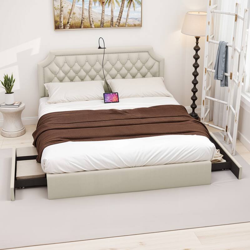 Moasis Velvet/Linen Upholstered Bedframe with Adjustable Headboard and 4 Storage Drawers
