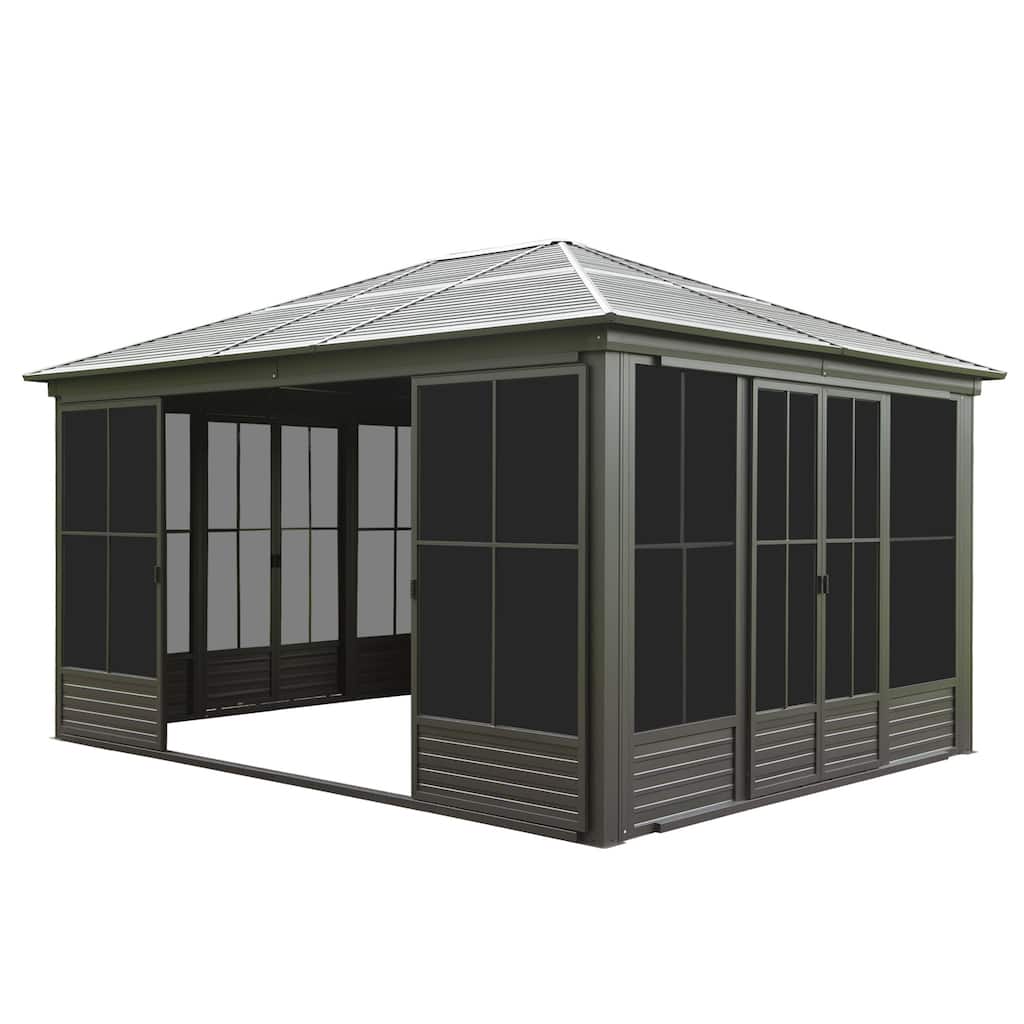 GDFStudio - Terry Four-Season Aluminum Sunroom Gazebo with Sliding Doors, Steel Roof, and Screen Panels for Patio