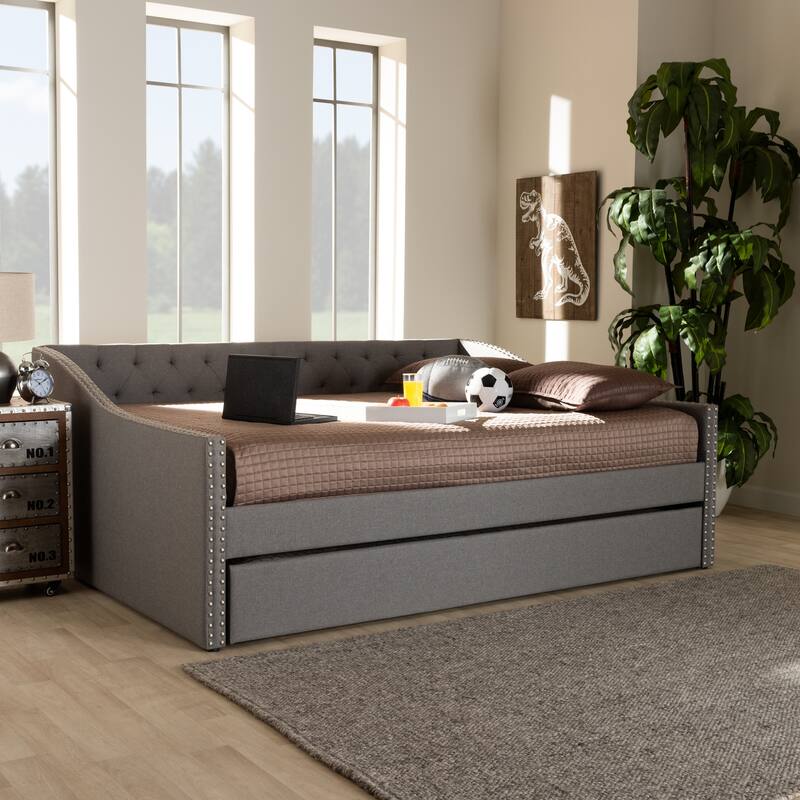 Full Size Daybed with Trundle, Light Grey Upholstered Bed Frame, Button Tufted Design