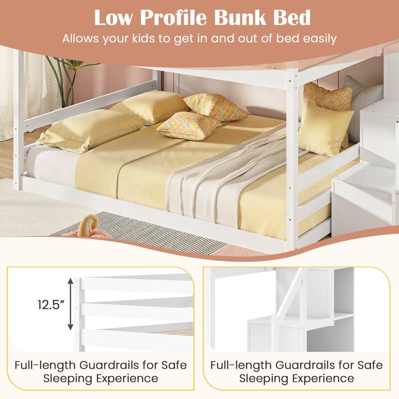 Costway Full Over Full Low Bunk Bed with Storage Stairs with