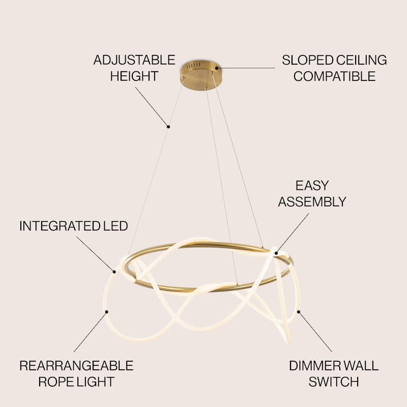Nuvola 25" Contemporary Minimalist 360 Adjustable Silicone Neon Rope Dimmable Integrated LED Chandelier, by JONATHAN Y