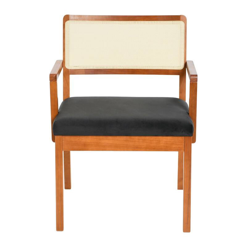 Solid Wood Arm Chair with Woven Cane Back and Velvet Upholstered Seat