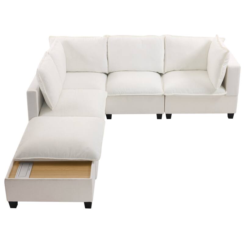 U-Shaped Sectional Sofa with Ottoman, Coffee Table with Hidden Charging Devices, Oversized Chenille Upholstered Cloud Sofa