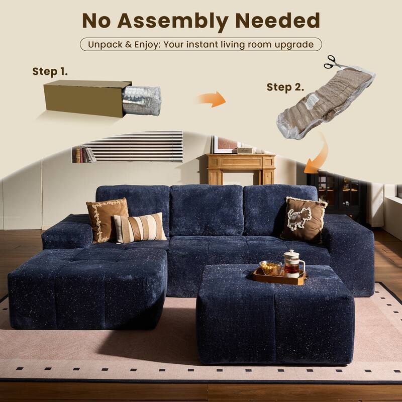 HOOOWOOO Modern Sparkly Velvet Fabric Chaise Sofa Couch with Ottoman