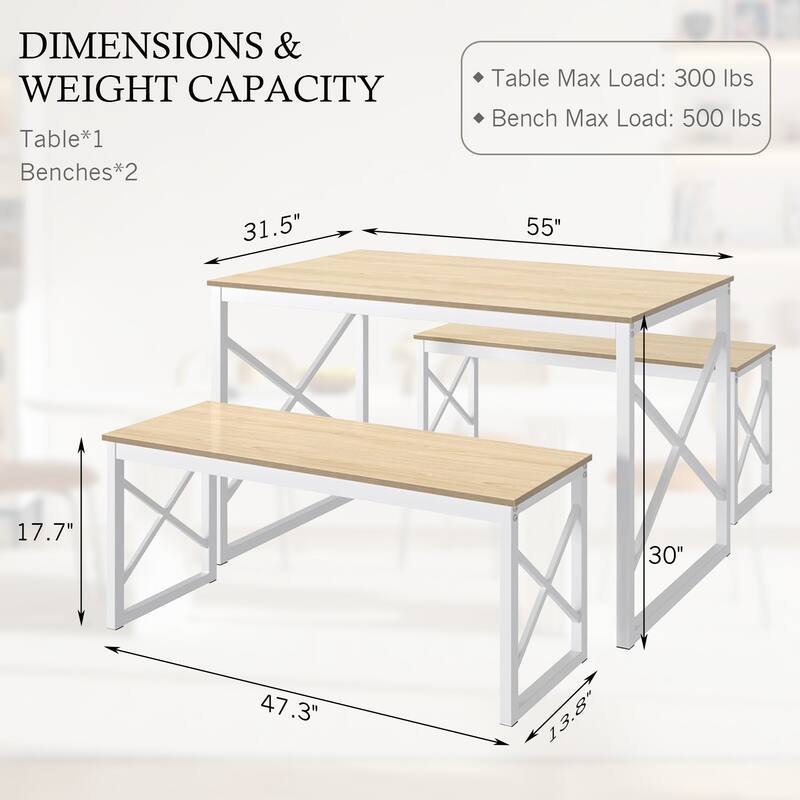55" Dining Table with Benches Kitchen Table set for 4 Rectangular Dining Room Table Set with 2 Metal Wood Benches