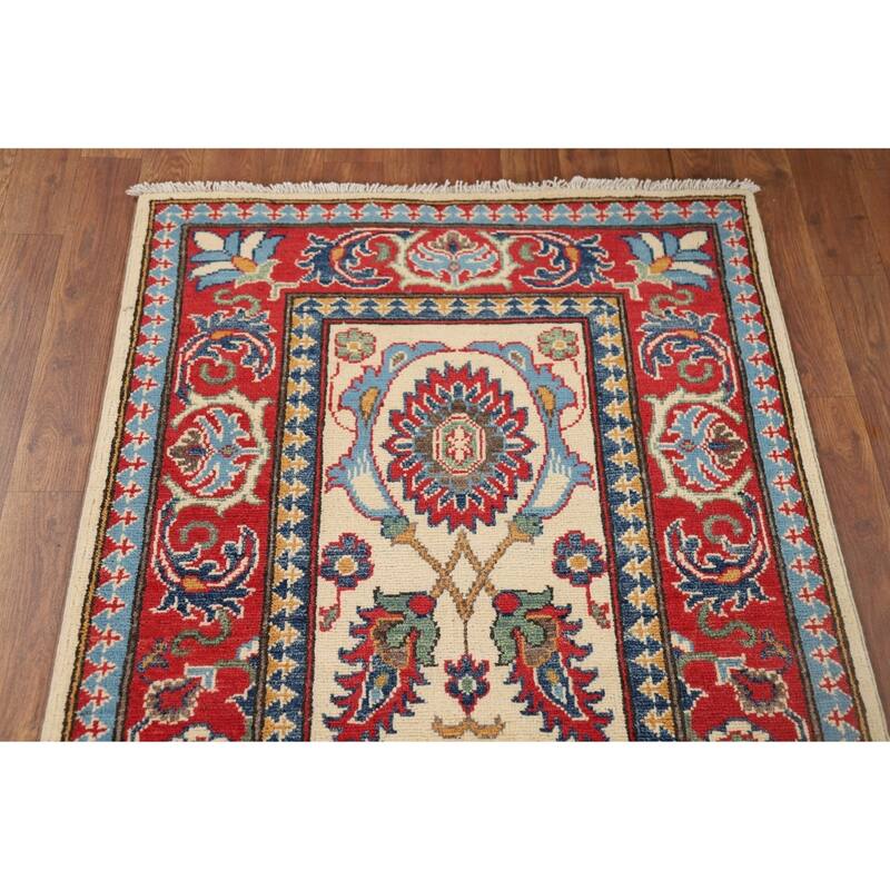Beige Floral Kazak Oriental Runner Rug Hand-Knotted Wool Carpet - 2'9" x 10'0"