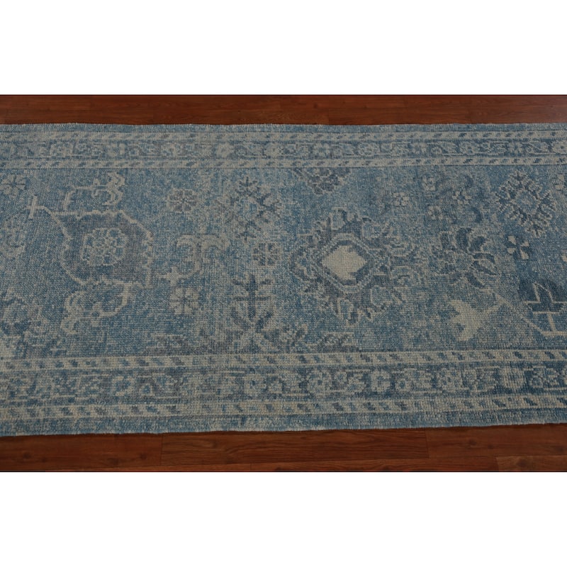 Hand Knotted Oriental 100% Wool Carpet Transitional Floral Navy Blue & Blues Oushak Runner Rug - 17' 4'' X 3' 1''