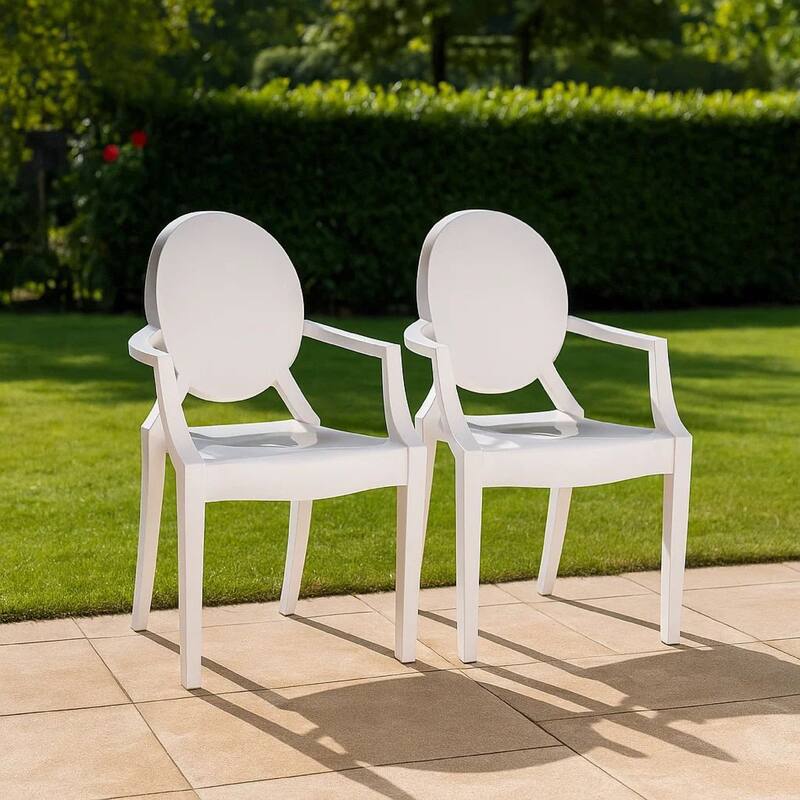 Lily Outdoor Dining Armchairs Set of 4, Round Backrest, White Plastic