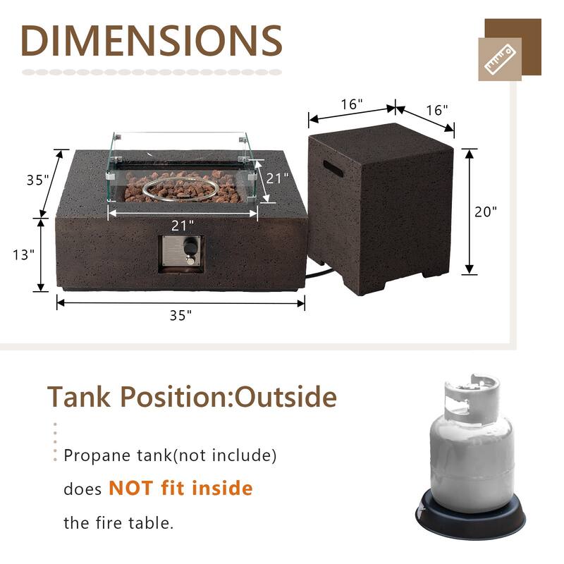 COSIEST Square Patio Fire Table With Tank Cover, Glass Wind Guard