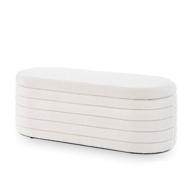 Modern Oval Storage Ottoman Bench,Upholstered Boucle Teddy Fabric End of Bed Bench with Storage,End of Bed Stool