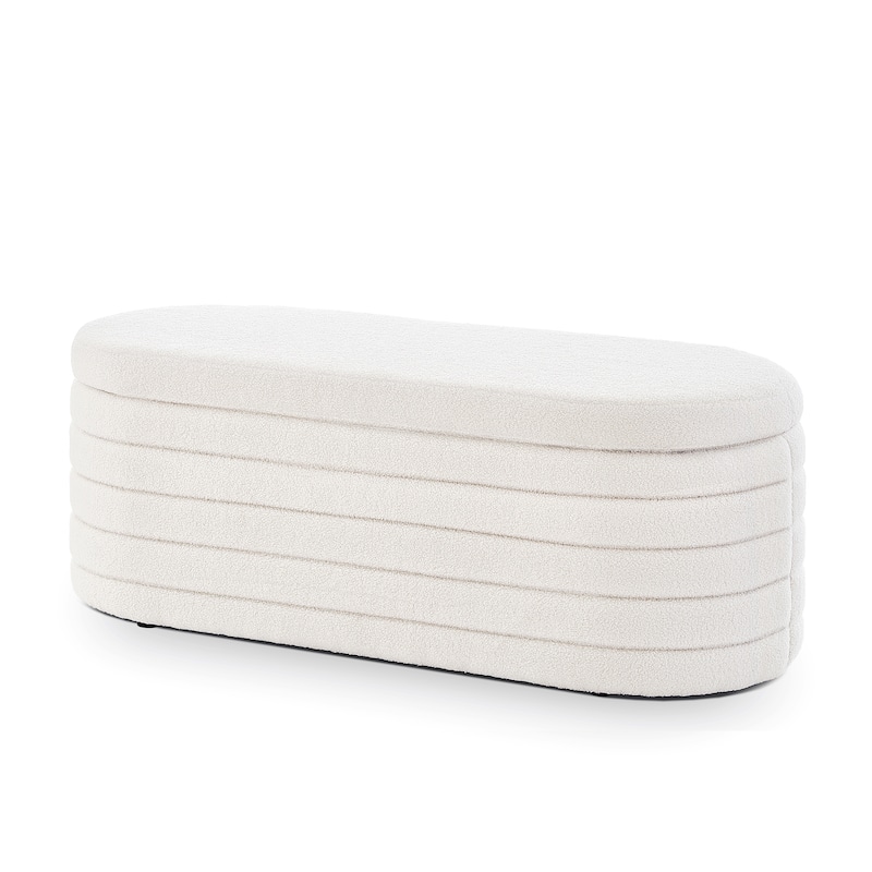 Oval Storage Ottoman Bench, Upholstered Boucle Teddy Fabric End of Bed Bench with Storage, End of Bed Stool with Safety Hinge