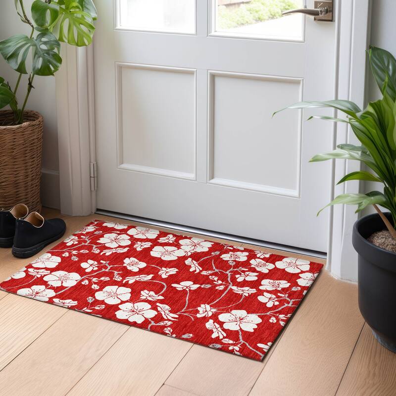 Machine Washable Indoor/ Outdoor Calm Floral Chantille Rug - Red - 1'8" x 2'6"
