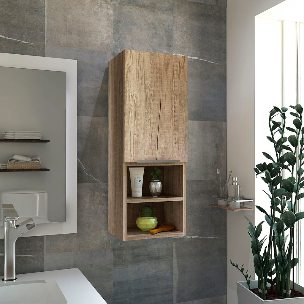 Modern Medicine Cabinet with Two Semi-Open Shelves, Light Oak Finish - Organized Storage for Cosmetics and Toiletries