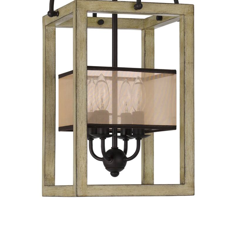 Acia 12 Inch Chandelier, Distressed Brown Organza Shade, Wood, Metal