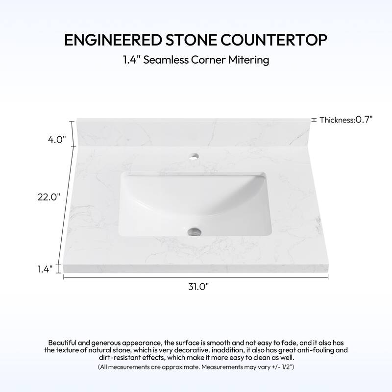 Malaga Composite Stone Vanity Top with White Rectangular Sink