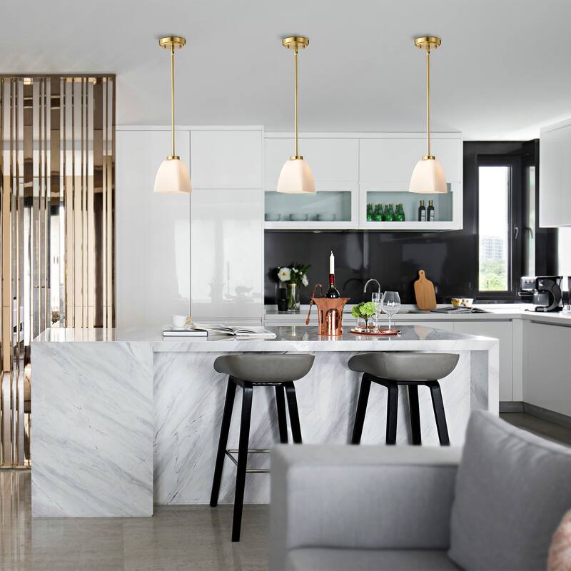 1-Light Gold Finish Mini Pendant with Pyramid Shaped Etched White Glass Shade