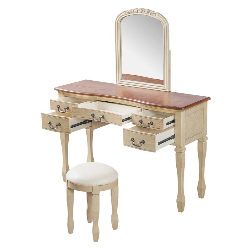 Vanity Desk with Curved Flower Frame Mirror, Dressing Table Set with 5 Drawers & Leather Stool, Wood Makeup Table for Bedroom
