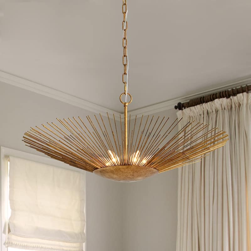 6-Light Vintage Luxury Gold Foiled Wide Wide Sunburst Chandelier 32in