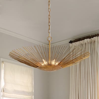 6-Light Vintage Luxury Gold Foiled Wide Wide Sunburst Chandelier 32in