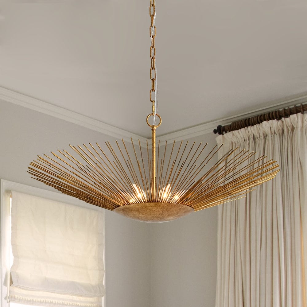6-Light Vintage Luxury Gold Foiled Wide Wide Sunburst Chandelier 32in