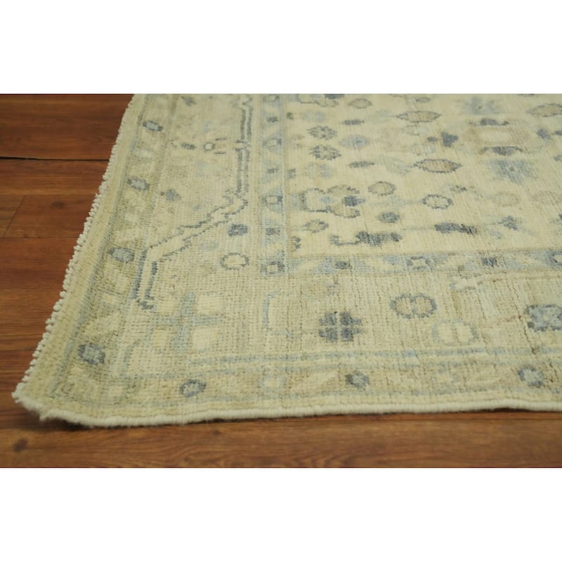 Earth Tone Wool Oushak Vegetable Dye Runner Rug, Floral Geometric Carpet - 9' 8'' X 2' 11''