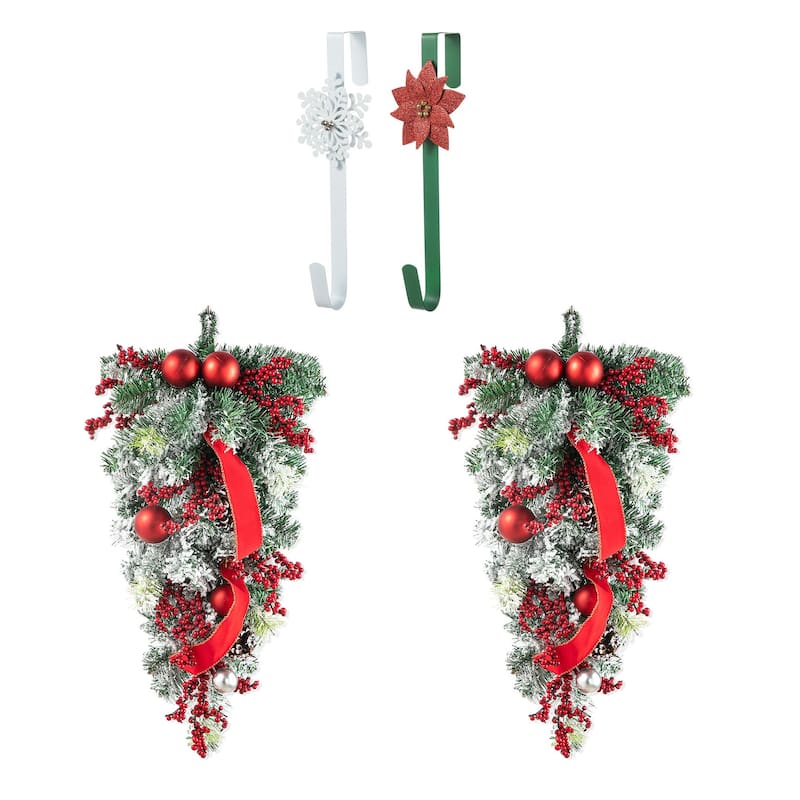 Glitzhome 25"H Artificial Christmas Flocked Berry, Ornament and Pinecone Ribbon Teardrop Door Hanging Decor - 4-piece Teardrop & Snowflake Poinsettia Hangers