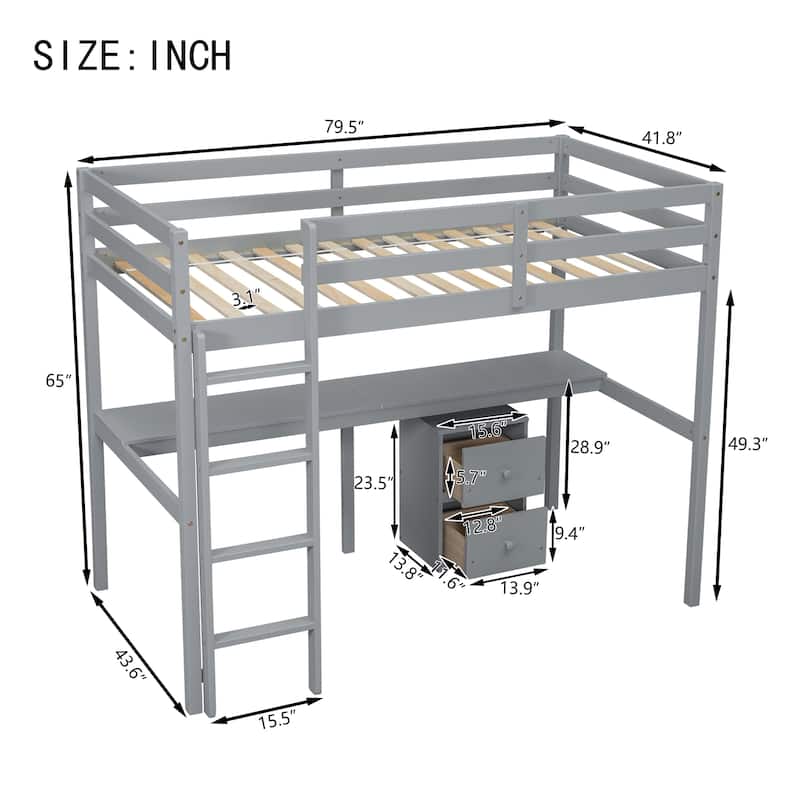 Twin Size Wood Loft Bed with Under-bed Storage and Desk