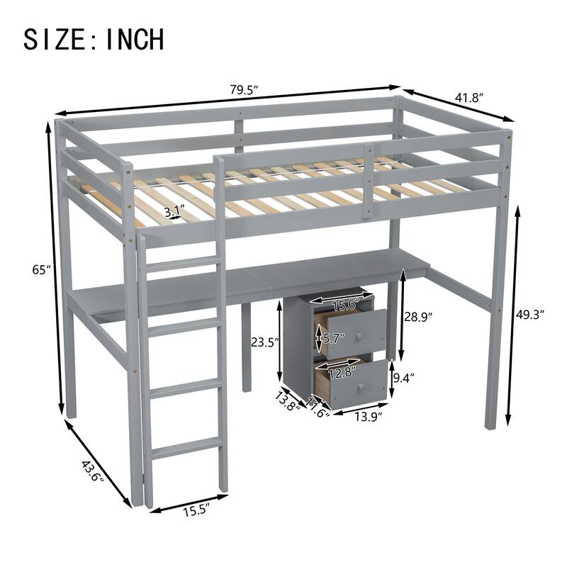 Wooden Twin Loft Bed with Under-bed Desk, 2-Drawer Storage Cabinet, Ladder, and Guardrails - Ideal for Study Spaces