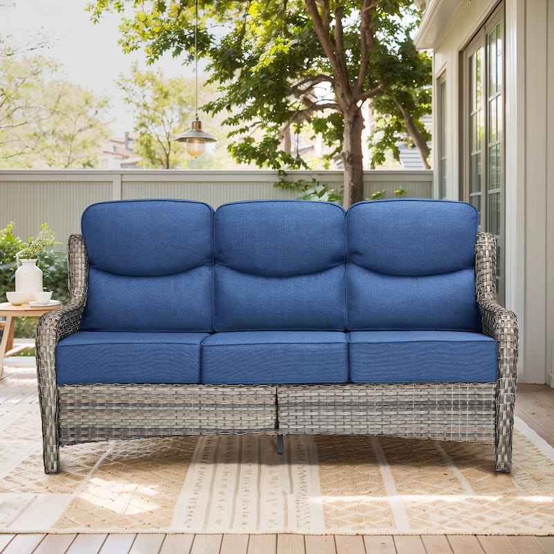 Outdoor Patio Sofa Swivel Chair with 6-Inch Thick Cushions Set - Grey Wicker Blue Cushion - Only Sofa