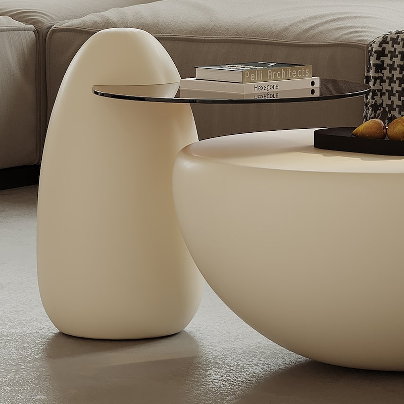 Nesting 42" Modern Round Creamy White Coffee Table, 2 pieces for Living Room - 62