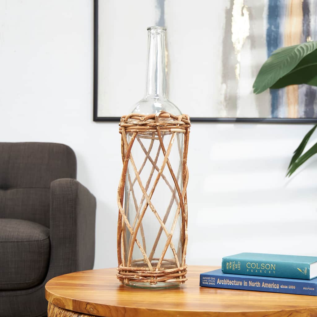 Clear Glass Handmade Tall Vase with Brown Rattan Woven Lower Body