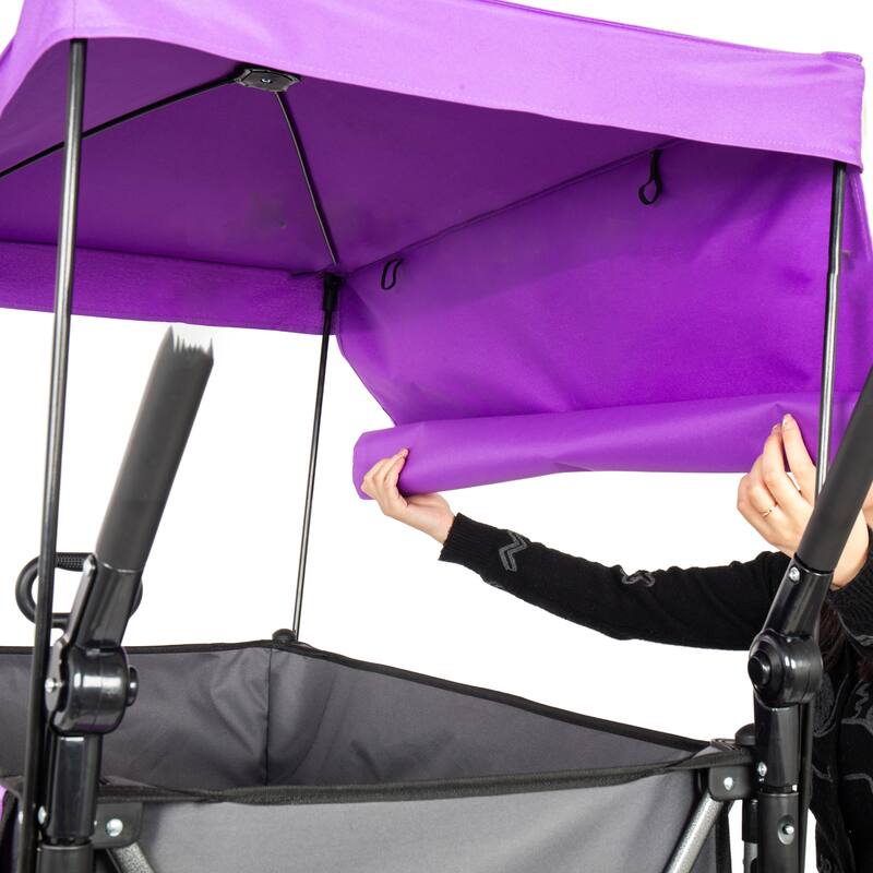 Multi-Functional Push-Pull Folding Wagon Cart with Rotating Handle & Canopy, 9"x4" Beach Tires, 300L Large Capacity