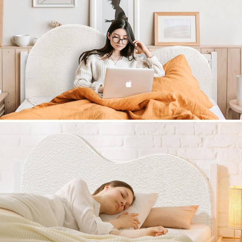 WOWMAX Faux Fleece Queen Headboard,Creative Curved Upholstered Headboard, Foam Filled Fabric Head Board