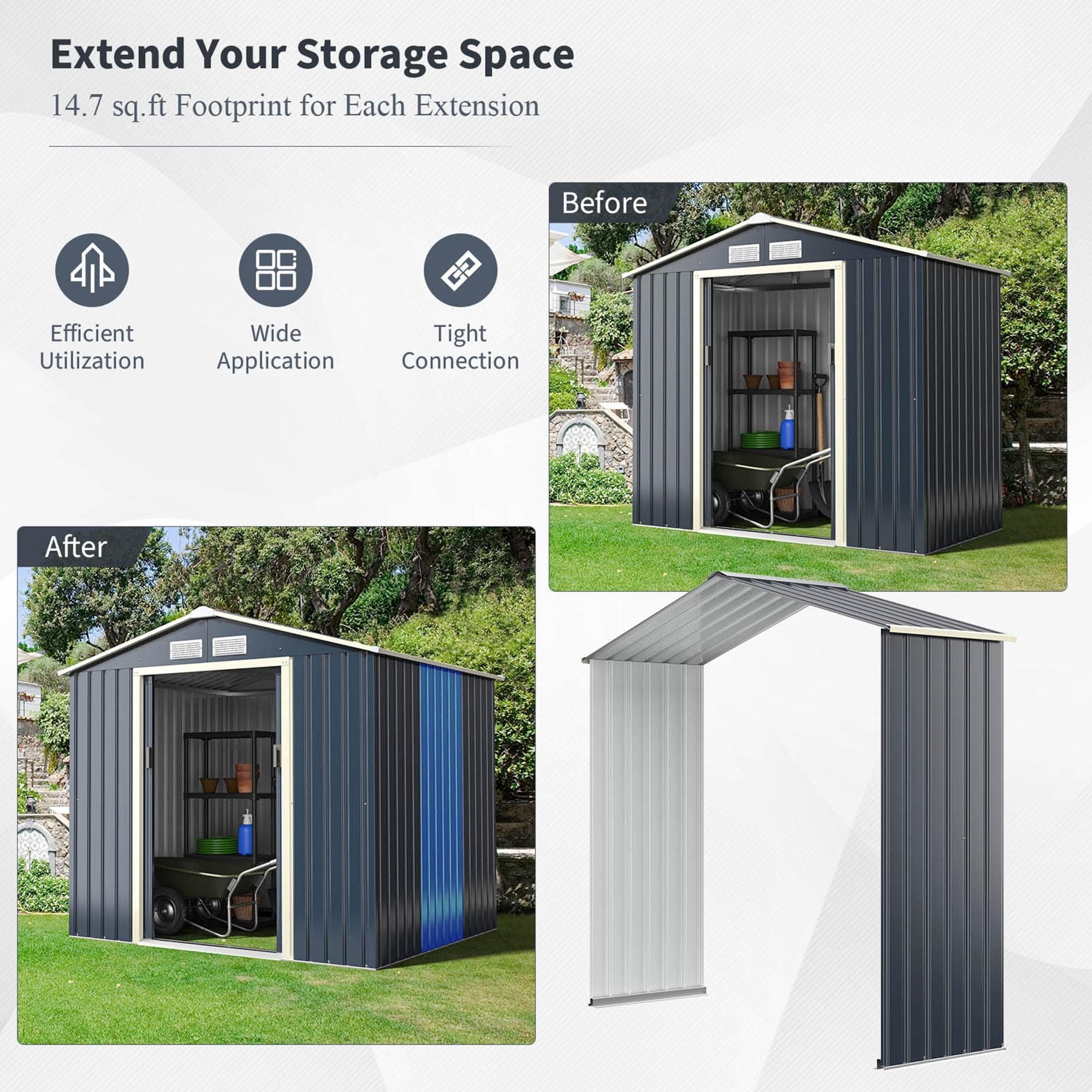 Gymax Outdoor Storage Shed Extension Kit for 7/9.1/11.2 ft Shed