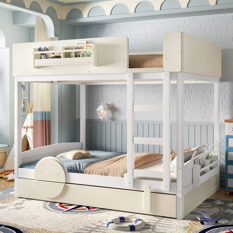 Kids Bed Wooden Bunk Bed with Trundle and Built-in Storage Bookshelves
