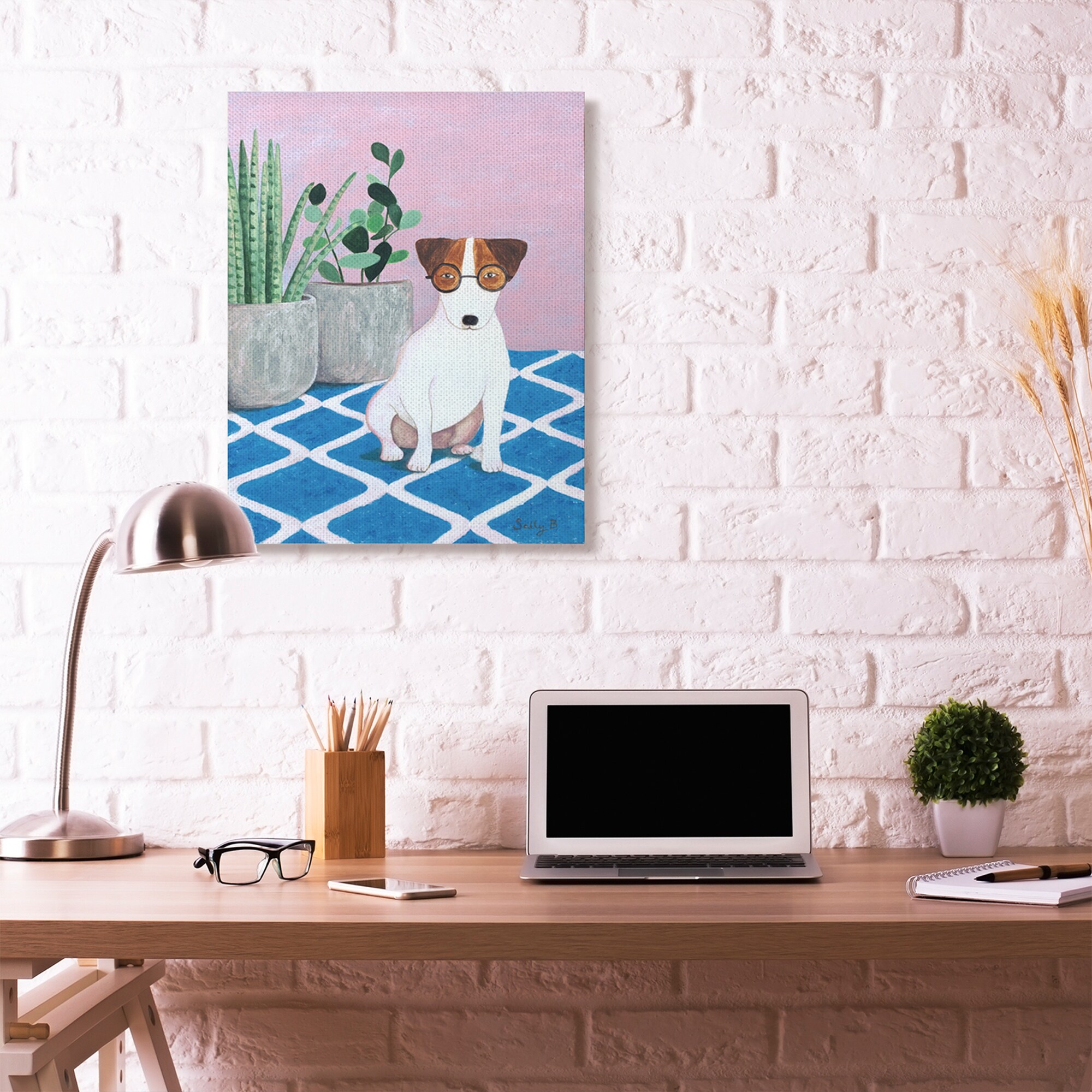 Stupell Dog With Plants Pink Blue Pet Painting Canvas Wall-image