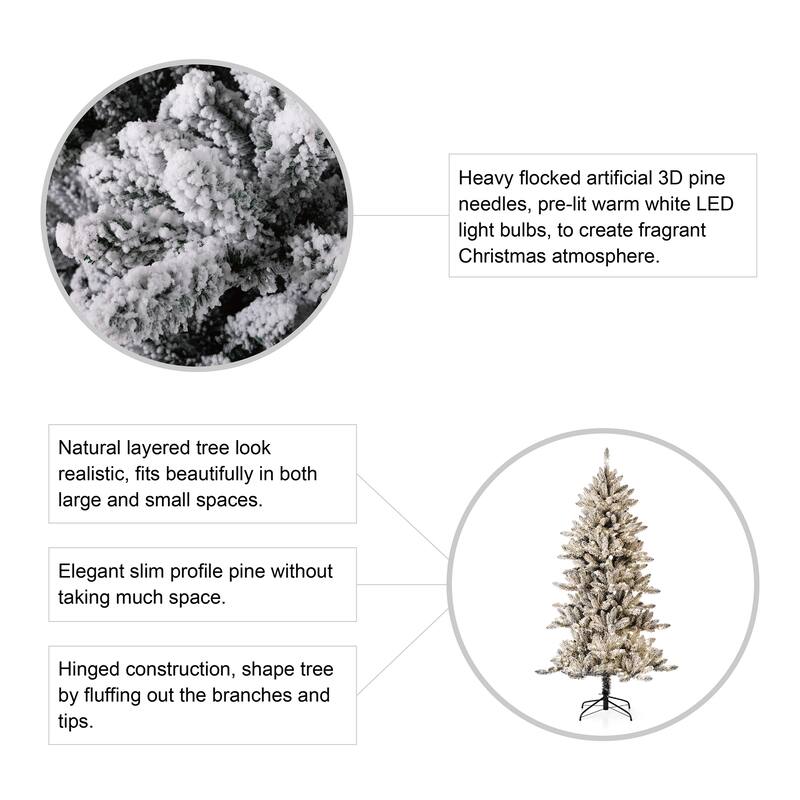 Glitzhome 6ft Pre-Lit Flocked Artificial Pine/Fir Christmas Tree 300 Warm White Lights