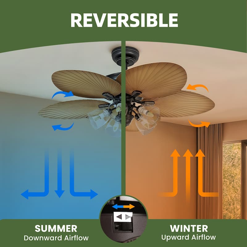 Moasis Tropical Ceiling Fans with Light and Remote, 52 Inch Palm Leaf Fanlight with Clear Seeded Glass Light Kit