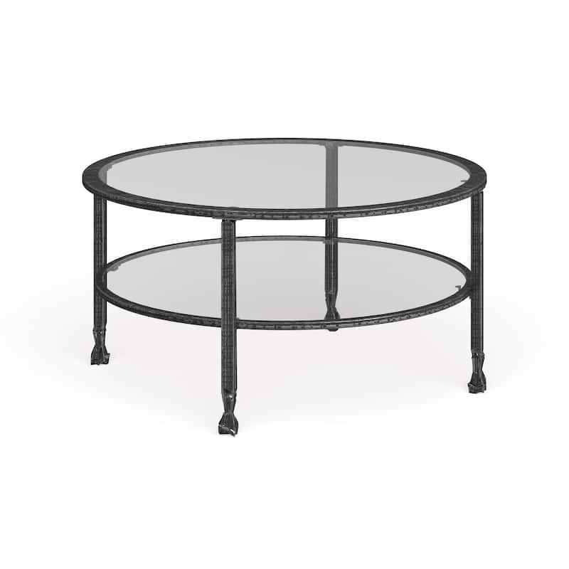 SEI Furniture Glenn Distressed Black Metal Round CoffeeTable with Glass Top and Shelf