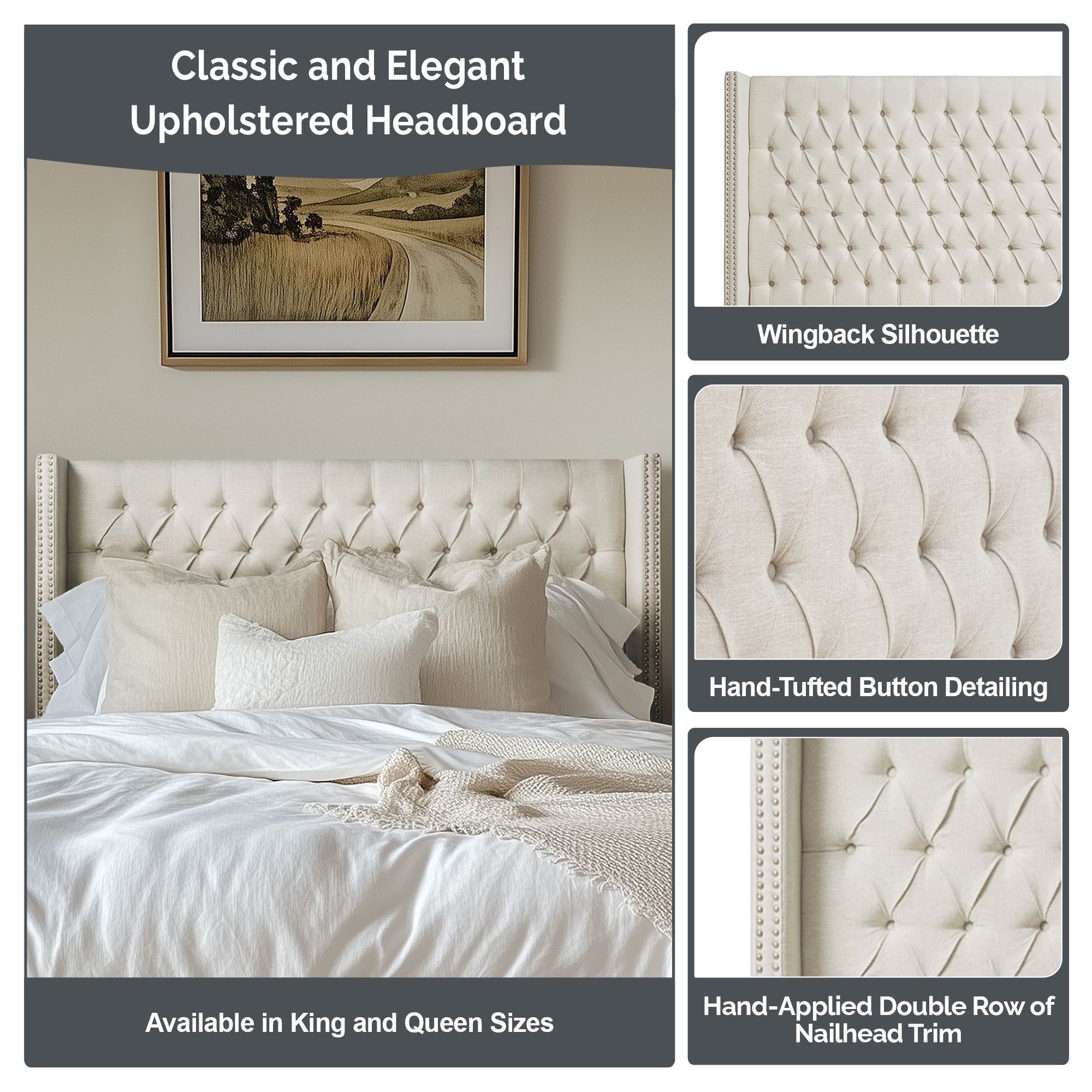 Madison Park Amelia Upholstered Wingback Headboard with Button Tufting & Nailhead Trim