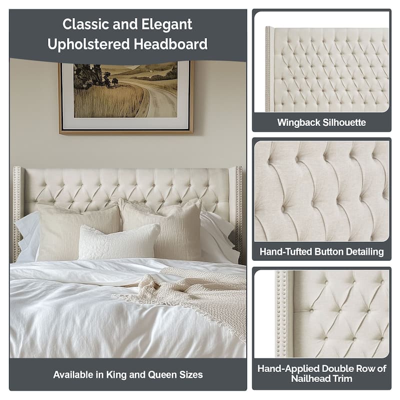 Madison Park Baldwin Upholstered Wingback Headboard with Button Tufting & Nailhead Trim