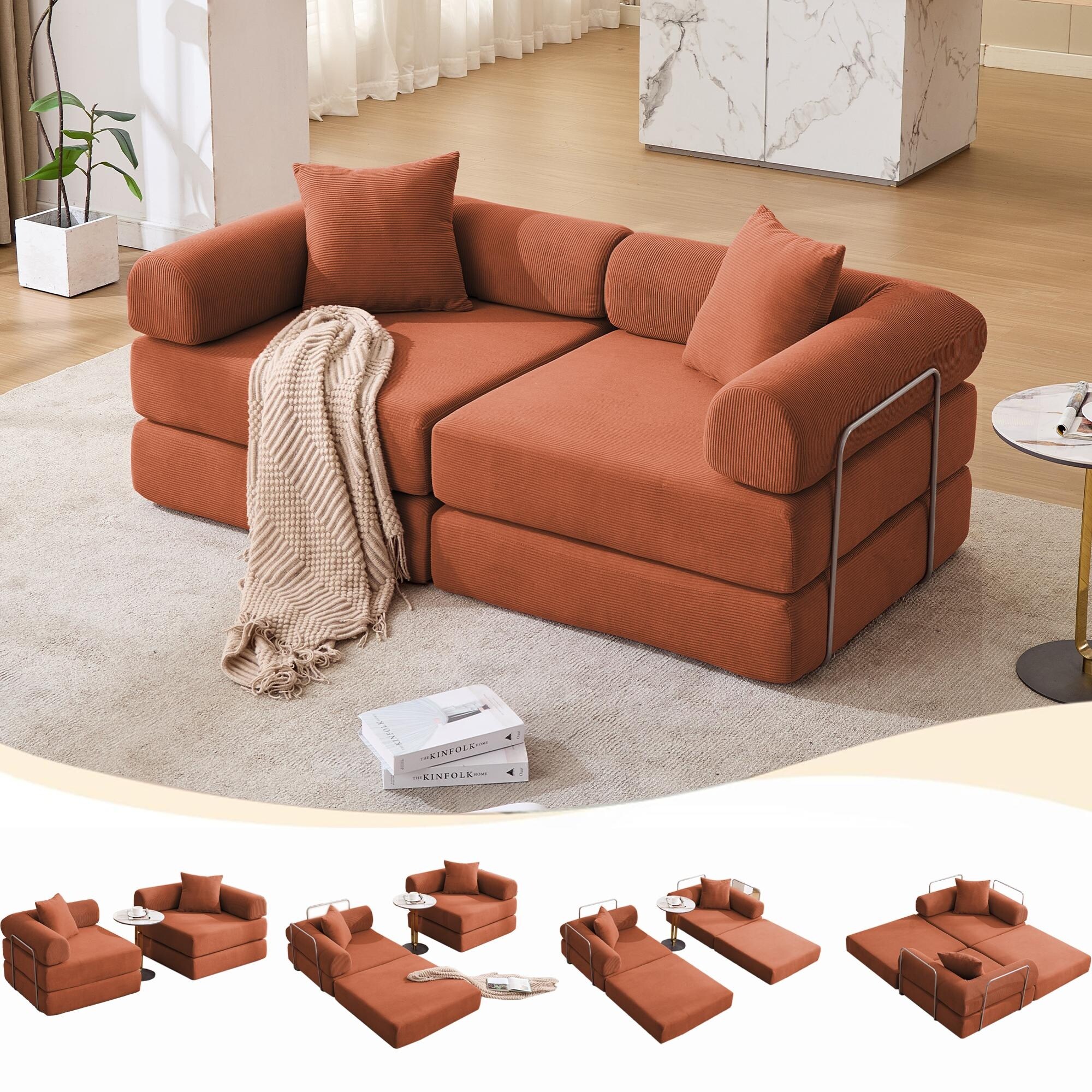 Convertible Modular Sectional Sofa Bed with Fixed-Shape Frame and Removable Armrests, Folding Mattress Couch for Apartment