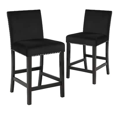 Kate 40 Inch Wooden Counter Height Chair with Velvet Seat, Set of 2, Black