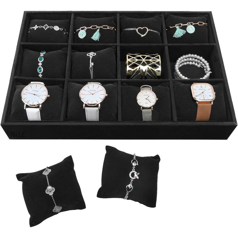 Black Velvet Jewelry Watch Tray Display Organizer with Grid Pillows - S
