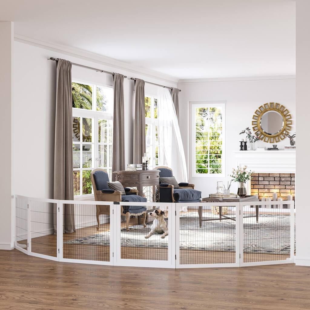 Pine Wood and Steel Foldable Pet Gate with 6 Panels - 170.1" L x 14.2" W x 27.6" H