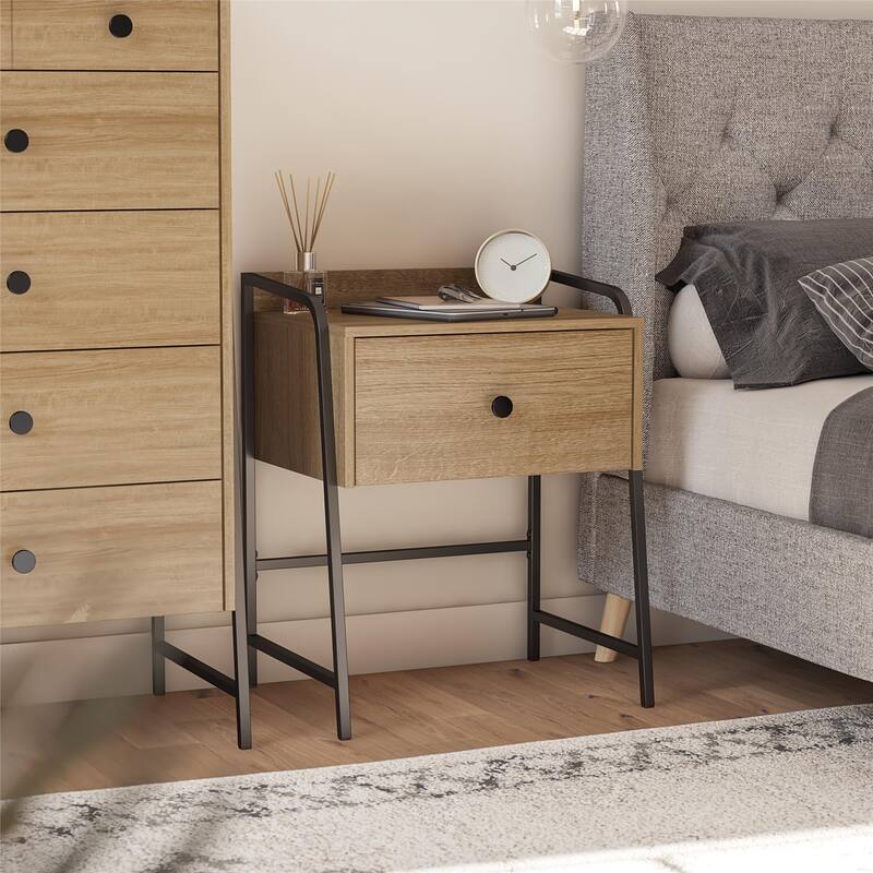 Rustic Nightstand with Drawer and Industrial Metal Frame