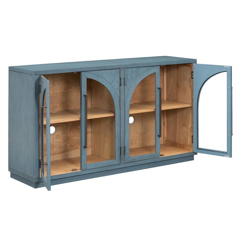Retro Style Wood Buffet Sideboard with 4 Arched Glass Doors, Kitchen Storage Side Cabinet with Adjustable Shelves